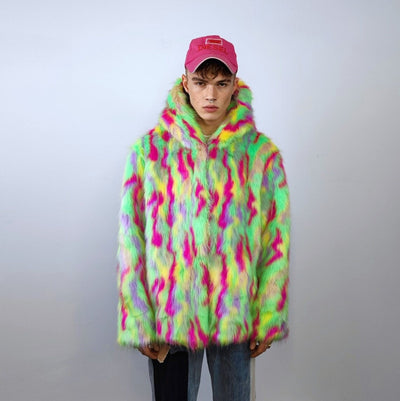 Hooded faux fur jacket psychedelic coat shaggy trench bright raver bomber fluffy fleece festival jacket neon burning man overcoat green pink