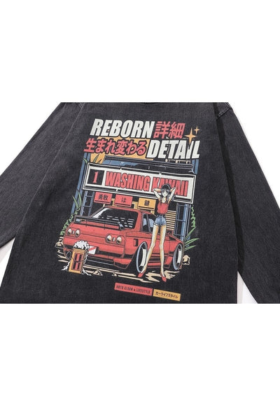 Vintage car t-shirt long sleeve anime print top in acid grey