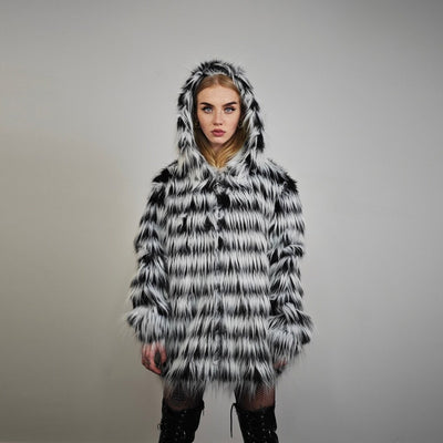 Shaggy faux fur jacket black white detachable hood striped collarless coat zebra bomber rave fleece festival pullover burning man overcoat