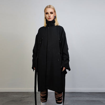 Utility buckle coat grunge bondage jacket strap attachment mac Gothic trench jacket catwalk bomber lapel smart overcoat in black