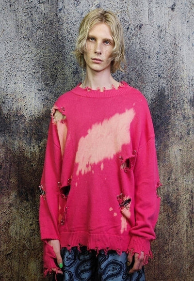 Ripped tie-dye sweater gradient bleached jumper in pink