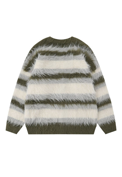 Horizontal stripe cardigan knitted jumper fluffy fleece top