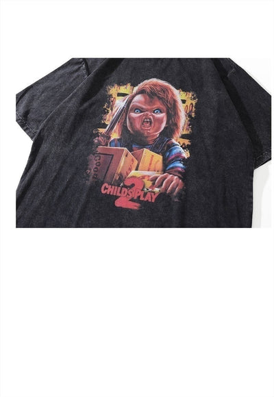 Horror movie print t-shirt old Chucky tee retro top in grey