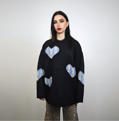 Heart sweater ripped punk jumper distressed love emoji top knitted grunge pullover distressed 00s style shredded knitwear in black blue