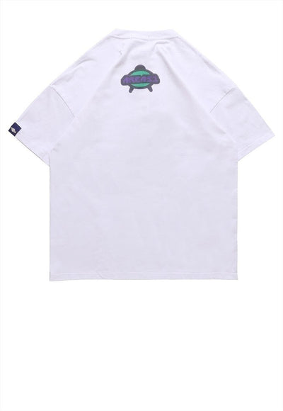 Alien print t-shirt Cyber tee retro UFO top in white