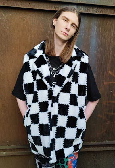 Chequerboard fleece jacket handmade fluffy check coat black