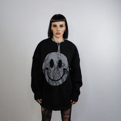 Emoji sweater smile print knitted jumper Gothic tassels top grunge long sleeve cartoon sweat in black