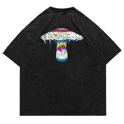 Psychedelic t-shirt mushroom print top retro raver tee party jumper festival pullover in acid grey