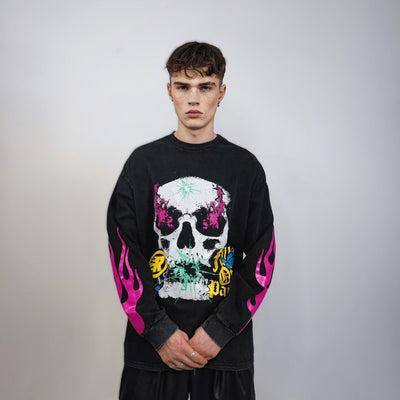 Skull sweatshirt flame print top neon thin skeleton jumper bones sweater psychedelic fluorescent pullover racing biker t-shirt vintage grey