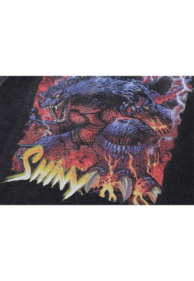 Dragon t-shirt Japanese cartoon tee Godzilla top acid grey