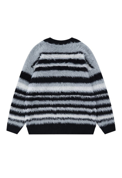 Horizontal stripe cardigan knitted jumper fluffy fleece top