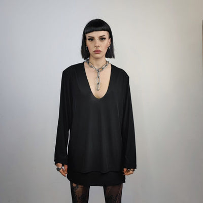 Deep V-neck top revealing sweatshirt cut out neck long sleeve t-shirt rocker jumper edgy baggy tee in black