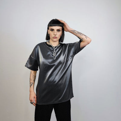 Silver t-shirt shiny metallic top going out thin tee luminous short sleeve jumper summer party shirt cyber punk pullover in grey