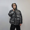 Silver sequin hooded bomber glitter jacket sparkle puffer party varsity festival fancy dress embellished coat going out top metallic grey