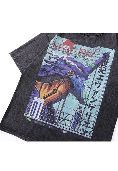 Japanese cartoon t-shirt Anime print tee in vintage grey