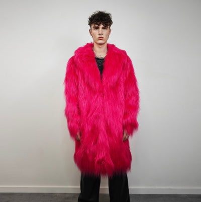 Neon pink coat longline faux fur fluorescent shaggy trench long hair overcoat bright rave bomber festival jacket acid Burning man peacoat