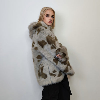 Faux fur cow coat fluffy cowhide trench jacket short shaggy animal print bomber festival varsity party fleece peacoat catwalk duffle brown