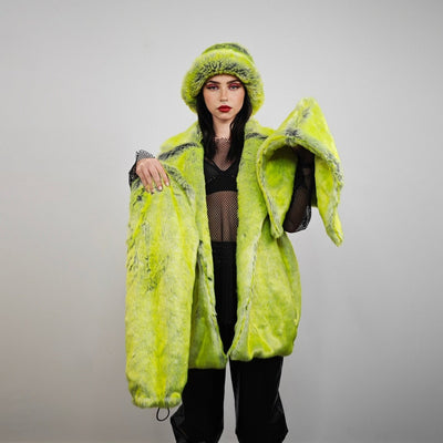 Luminous faux fur coat neon green trench oversize lemon jacket festival overcoat fluorescent peacoat rave bomber psychedelic party fleece