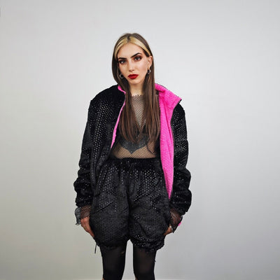 Embellished fleece track jacket pink reversible bomber two sided glitter tracksuit black luminous festival coat shiny overcoat fluffy top