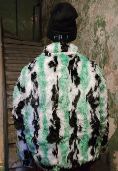 Tie-dye cow fleece jacket faux fur grunge bomber in green