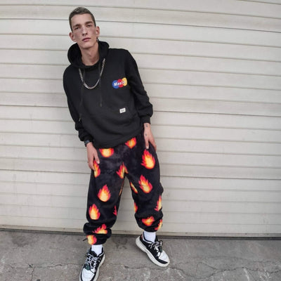 Flame fleece joggers luxury fluffy pants handmade thunder print trousers long hair premium fire festival overalls in black