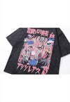 Anime t-shirt Japanese cartoon tee vintage wash top in grey