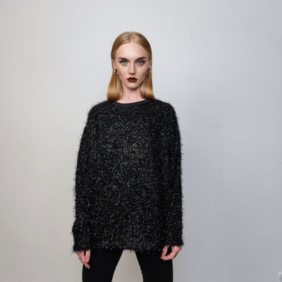 Fluffy sweater glitter jumper sparkly sweatshirt party pullover glam rock long sleeve top fleece sweater in black silver