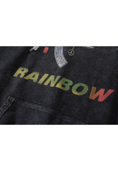 Rainbow print hoodie grunge pullover rocker top acid grey