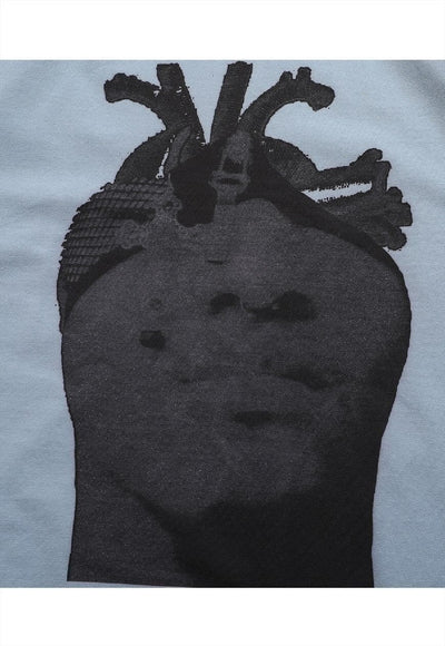 Heart print t-shirt creepy face tee grunge punk in top black