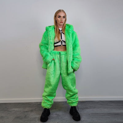 Hooded neon faux fur jacket shaggy coat bright raver bomber fluffy trench winter fleece festival jacket burning man overcoat in green