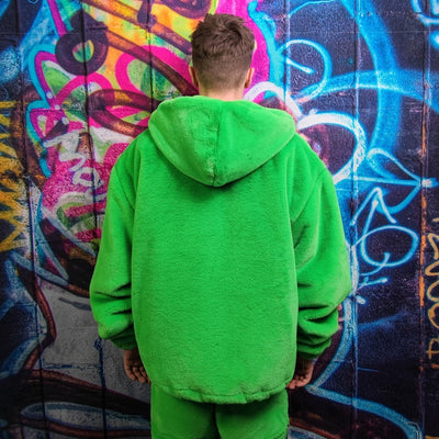 Green fleece jacket handmade detachable fluffy bomber fluorescent faux fur premium raver coat in bright neon techno green