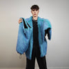 Neon blue fur coat luxury trench fluorescent psychedelic overcoat shaggy rave bomber festival luminous party jacket custom catwalk peacoat