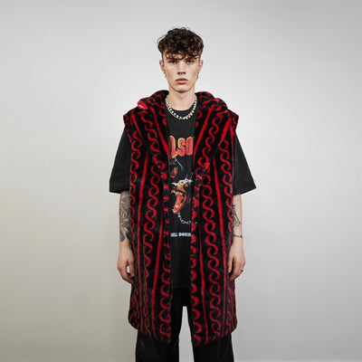 Geometric fleece coat longline Arabic pattern trench glam overcoat going out bomber festival jacket customizable striped peacoat red