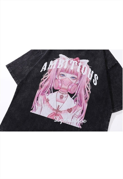 Anime t-shirt Japanese cartoon tee vintage wash top in grey