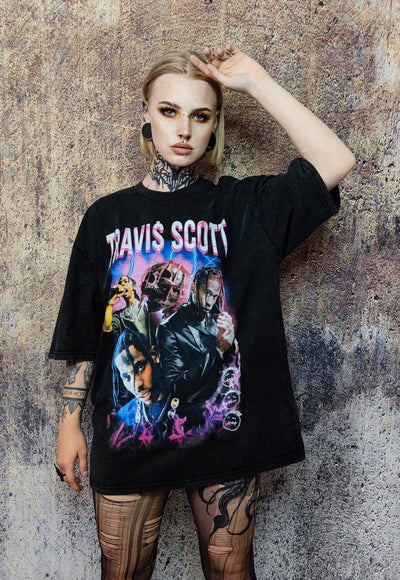 Travis Scott t-shirt rapper tee hip-hop top in vintage grey