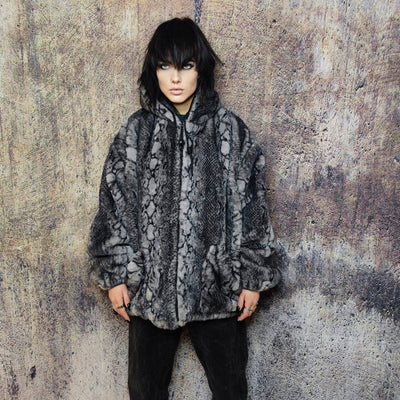 Luxury snake jacket faux fur python print bomber handmade detachable fluffy fleece puffer premium grunge hooded coat in grey black