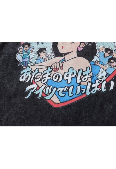 Anime t-shirt vintage wash Japanese cartoon top long tee