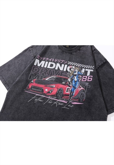 Racing t-shirt Japanese cartoon tee retro car print top grey