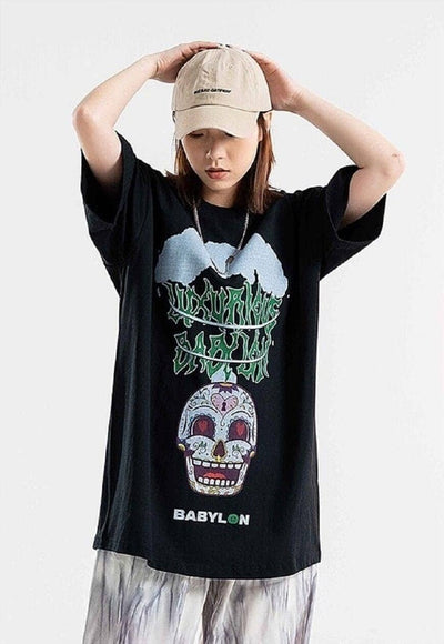 Skeleton print t-shirt grunge tee skater skull top in black