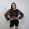 Transparent sequin top gold embellished mesh sweatshirt sheer blouse grunge catwalk jumper party see-through top festival glitter tee black