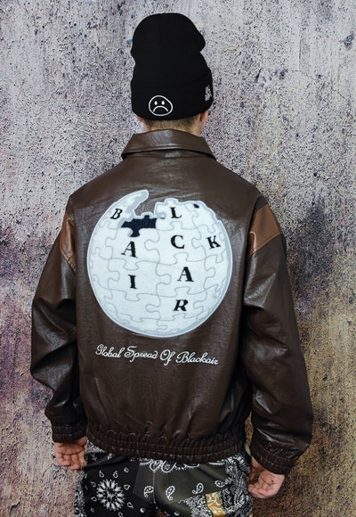 Retro varsity jacket faux leather MA-1 bomber in brown