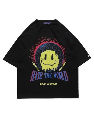 Global peace t-shirt Y2K flamed smile tee world top in Black