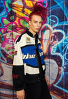 Motorcycle jacket multi patch padded racing bomber in blue