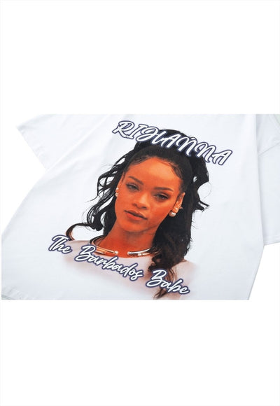 Rihanna t-shirt singer print tee vintage wash top in white