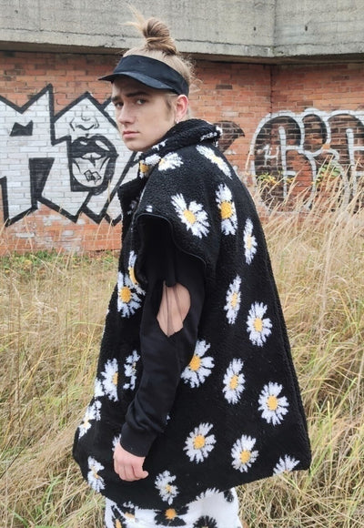 Floral fleece jacket handmade daisy trench coat in black