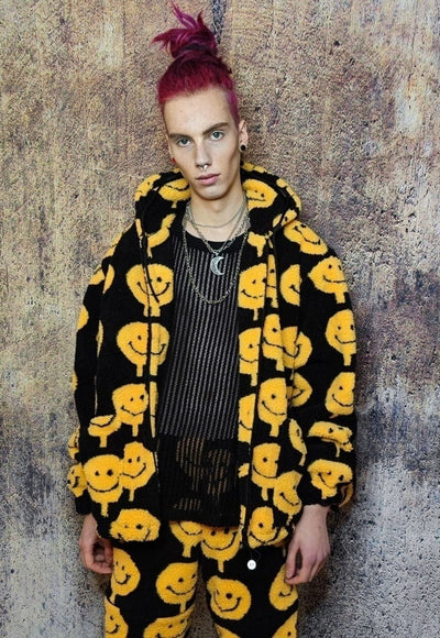 Emoji fleece jacket handmade detachable raver puffer black