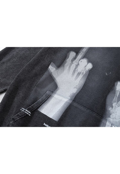 Skeleton print hoodie grunge pullover bones top in acid grey