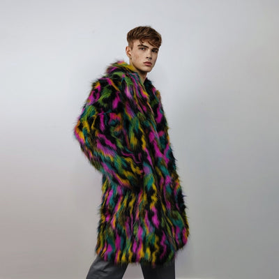 Faux fur long striped neon coat zebra trench raver bomber fluffy tie-dye winter fleece festival jacket burning man going out coat black pink