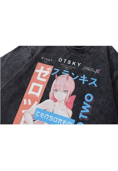 Anime t-shirt vintage wash Otsky long tee retro top in grey