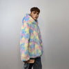 Hooded faux fur unicorn jacket rainbow bomber pastel raver coat fluffy tie-dye fleece festival puffer burning man barbie overcoat pink blue